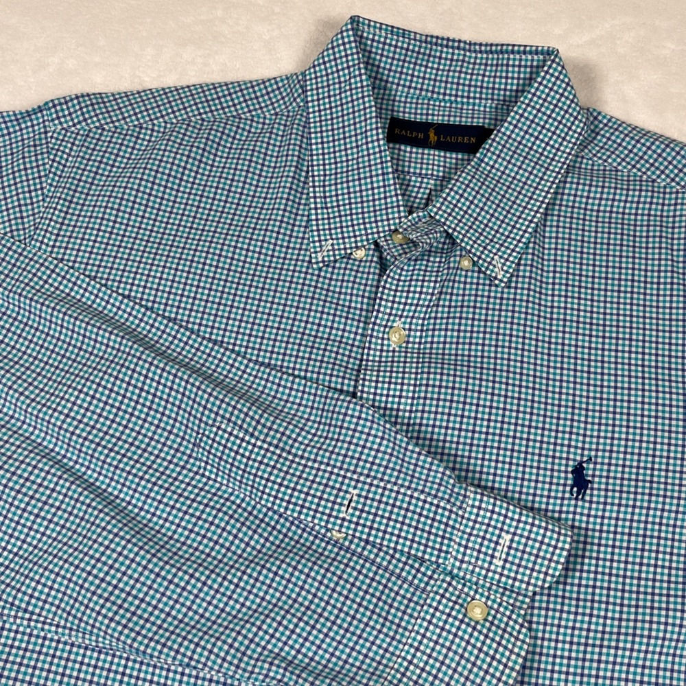 Ralph Lauren Button Down Shirt Mens XL Blue Teal Gingham Check Long Sleeve